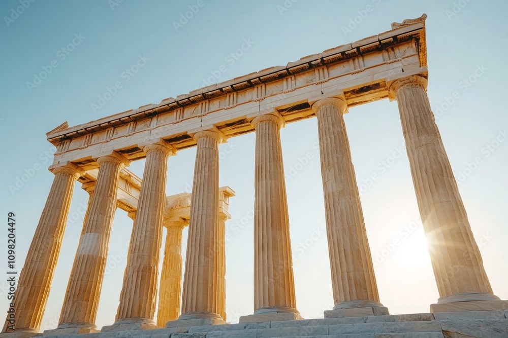Naklejka premium Greek architecture of an ancient temple with towering columns and detailed friezes, set against a clear sky