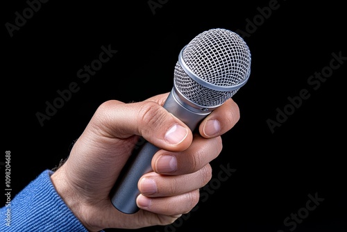 Hyper-realistic depiction of a hand holding a microphone, poised to ask a question, with fine details of texture and lighting photo