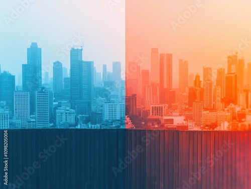 Modern city skyline featuring contrasting color tones of blue and orange.