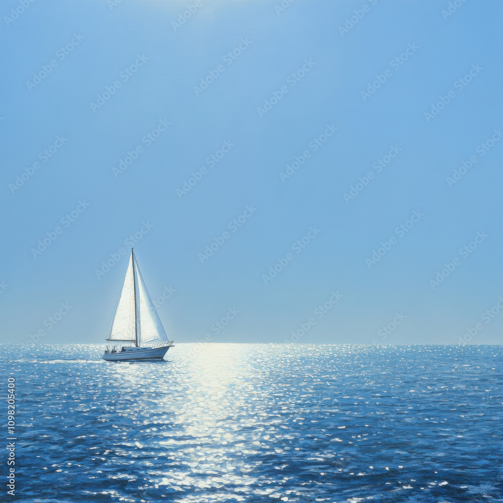Fototapeta premium Tranquil Sailing Experience on a Sunlit Ocean with a Single Sailboat Gliding Across the Water in a Clear Blue Sky and Sparkling Sea Surface