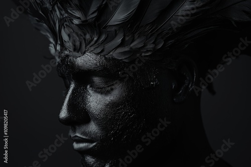 A captivating portrait highlighting dark feathers and skin. photo