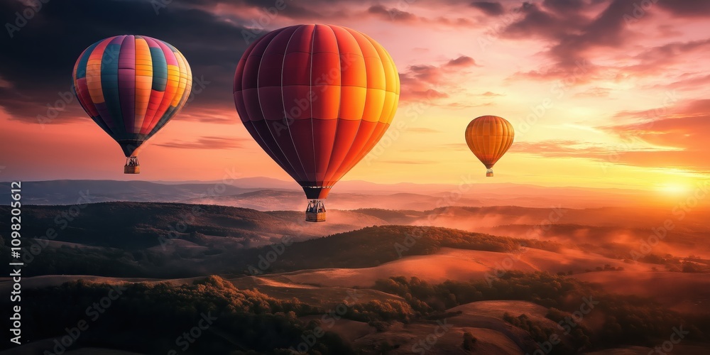 Obraz premium Colorful hot air balloons soar over a stunning desert landscape at sunset. created by ai