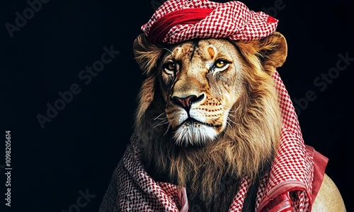Majestic lion wearing a red and white checkered keffiyeh against a black background.