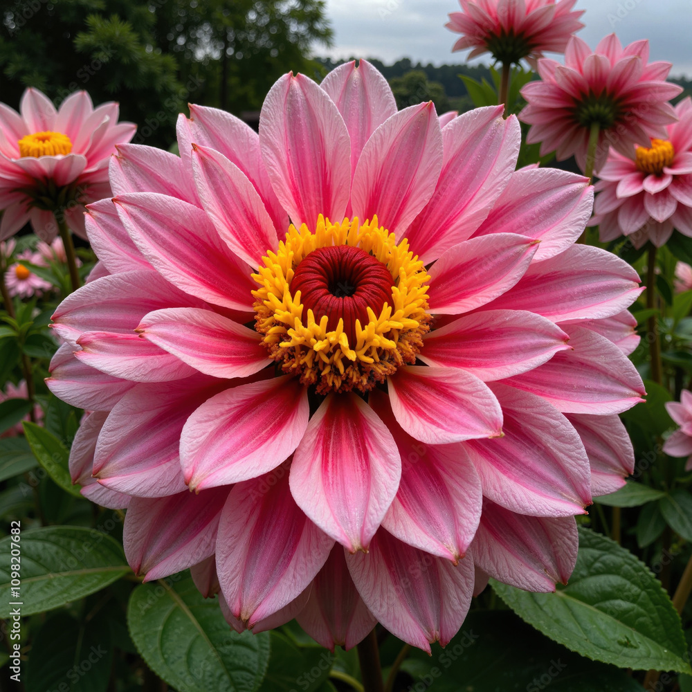 Fototapeta premium Pink dahlia flower blooming in a green garden