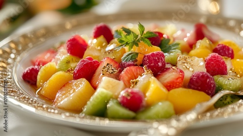 Exotic Fruit Salad with Honey and Rosewater Dressing on Fine Porcelain Generative AI photo