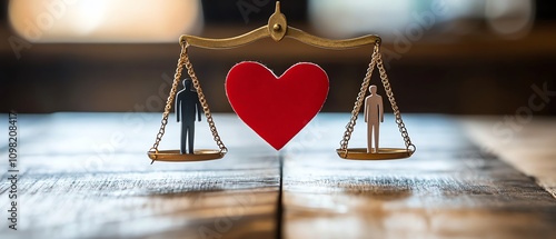 Heart on judicial scales, married couple facing divorce, concept of family law, legal and emotional balance, family court, relationship dissolution photo