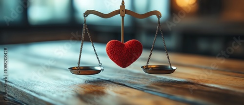 Heart on judicial scales, married couple facing divorce, concept of family law, legal and emotional balance, family court, relationship dissolution photo