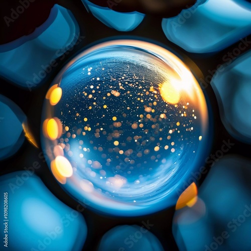 An abstract circle showcases a mesmerizing blend of shimmering particles and vibrant colors. Light reflects within, creating a captivating visual experience full of depth and intrigue. Generative AI