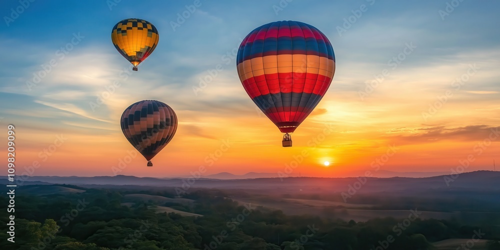 Fototapeta premium Colorful hot air balloons soar over a stunning desert landscape at sunset. created by ai
