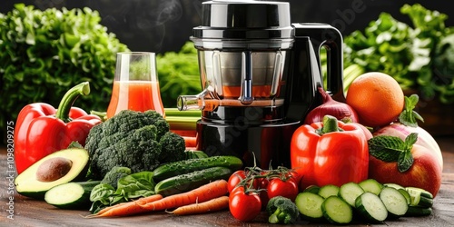 Freshly squeezed juice with vibrant fruits and vegetables on a wooden table