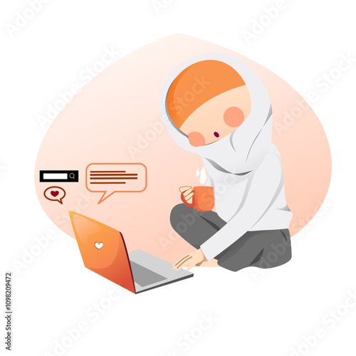 Work from home muslimah with her laptop