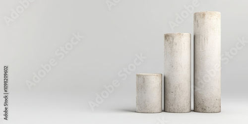 Three cylindrical concrete pillars of varying heights stand against a minimalistic background, forming a simple sculptural arrangement with an industrial aesthetic. photo