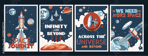 Space explore posters. Astronomy and cosmos research, universe galaxy adventures, rockets, satellites, stations and planets, banner or card design, cartoon flat isolated tidy vector set
