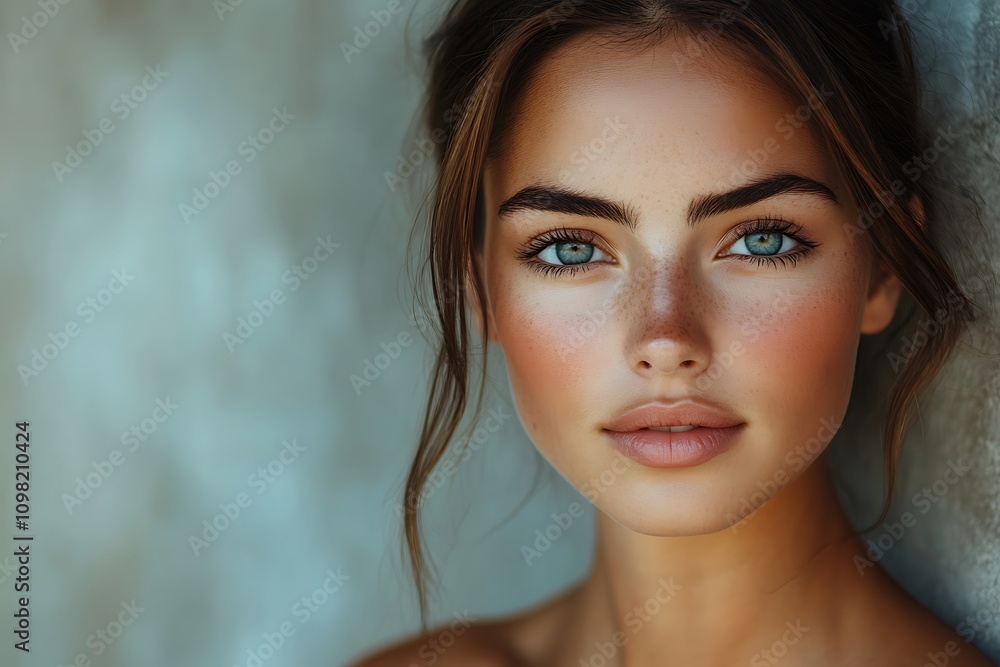 Naklejka premium Glowing Skin Headshot Natural Makeup, Brown Eyes, Soft Lighting