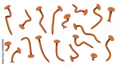 Rusty curved nails. Vintage iron bent hobnails with checkered heads, hammered old pins, carpentry connecting industrial instrument elements, cartoon flat isolated nowaday vector set