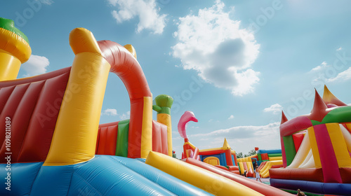 Colorful inflatable structures under a bright blue sky with fluffy clouds, creating a fun and cheerful outdoor play area for children. photo