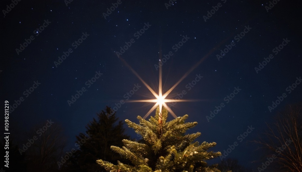 Fototapeta premium A celestial scene with a bright, shining Christmas star illuminating a dark, winter sky.