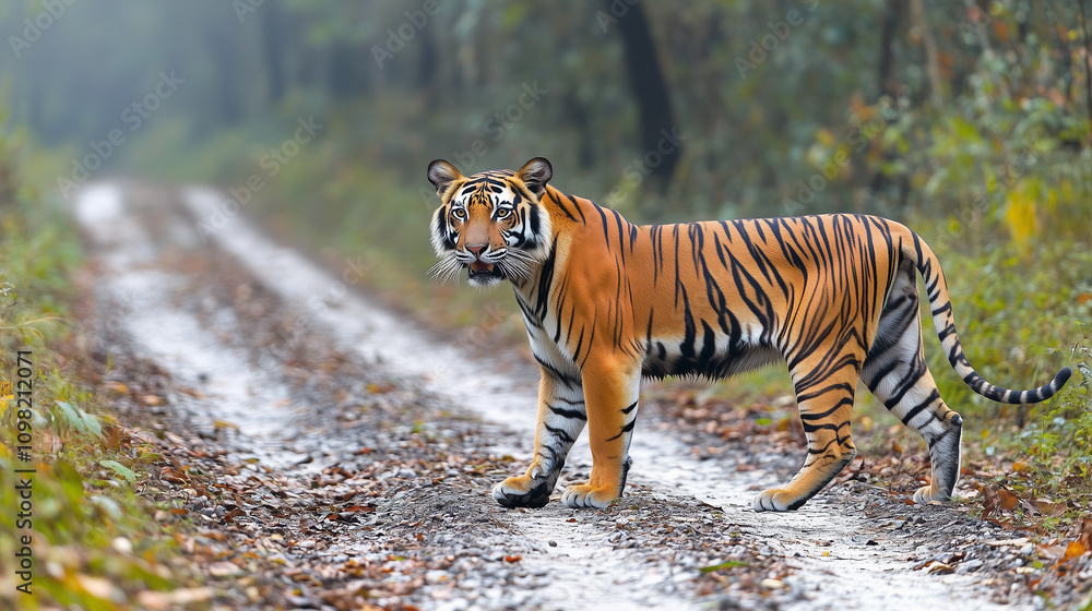 Obraz premium Majestic tiger resting gracefully in a lush green meadow under the warm afternoon sun near a tranquil forest backdrop