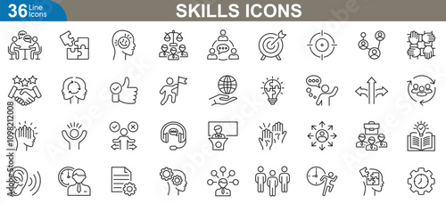 Skills Icon set modern and minimalist design. thin line icons creativity, teamwork, leadership, technical, adaptability and more. vector illustration.