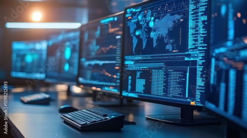 Wallpaper Mural A modern workspace featuring multiple monitors displaying data and analytics. Torontodigital.ca