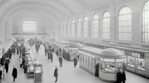 A bustling early 20th-century train station featuring elegantly dressed travelers, ticket booths, and a sunlit arched ceiling. The scene captures historical transportation life. photo