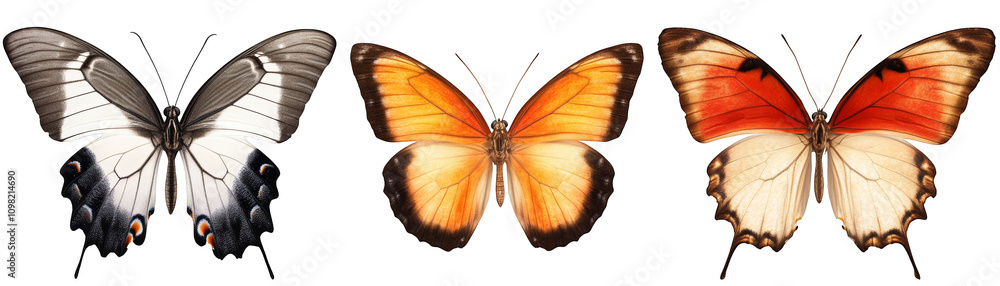 Fototapeta premium Four colorful butterflies isolated on black background, a stunning display of insect beauty and nature's colorful palette