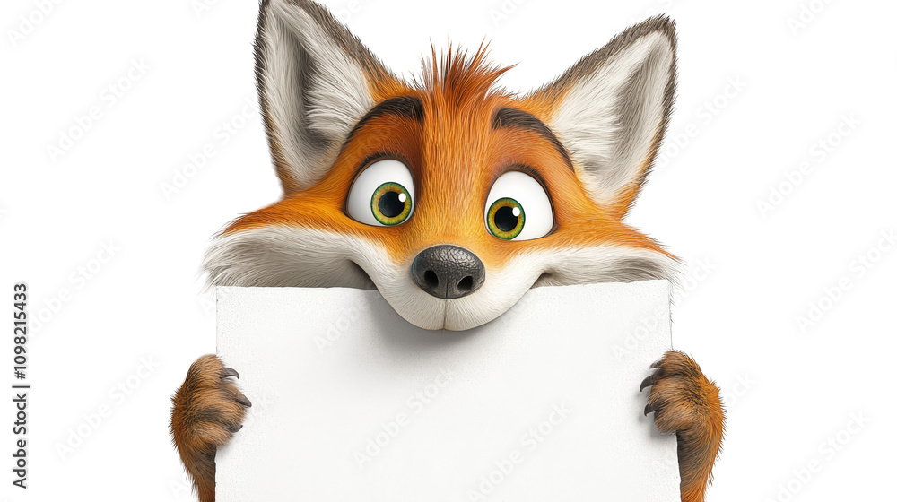 Obraz premium Captivating fox with piercing green eye holds blank sign, ideal for nature, wildlife, and creative design projects