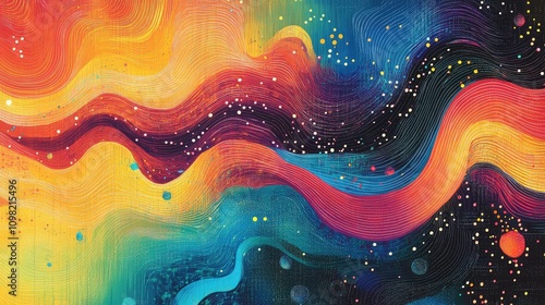 Layers of flowing lines and dots that resemble signal pathways, in a vibrant gradient color scheme