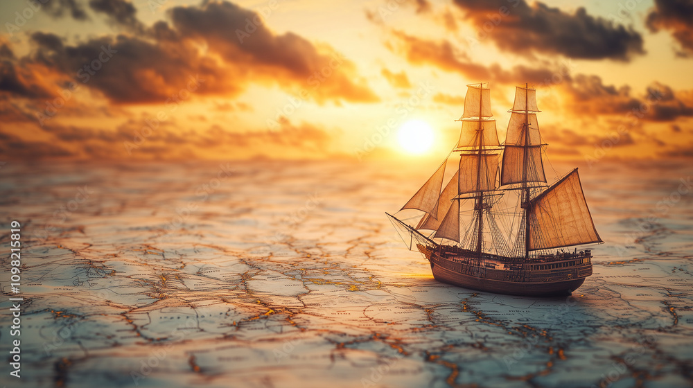 Fototapeta premium A charming model ship sails on a vintage map at sunset, evoking a sense of adventure and exploration through time and sea