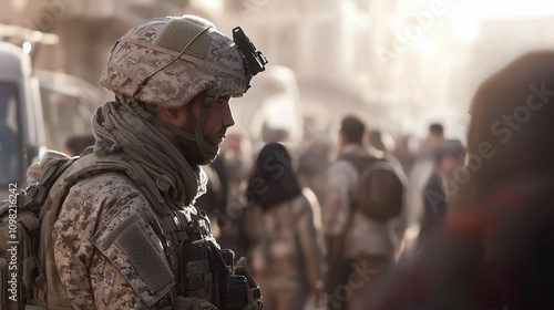 Soldier Engaging with Civilians in a Hopeful Tense Setting photo