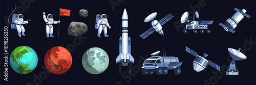 Cartoon cosmos exploration elements. Space research, rockets, satellites and lunar rover, astronauts in spacesuits, planets adventure, Earth and moon. Isolated flat objects tidy vector set