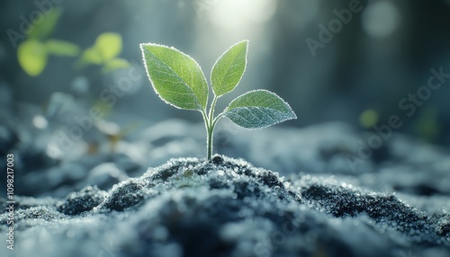 Closeup of a small green seedling sprouting through frostcovered soil photo