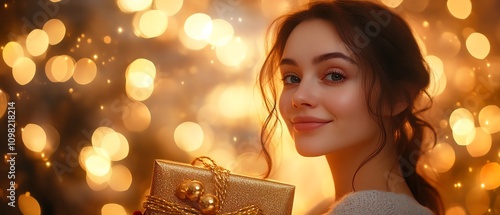 Elegant woman with a goldribboned gift photo