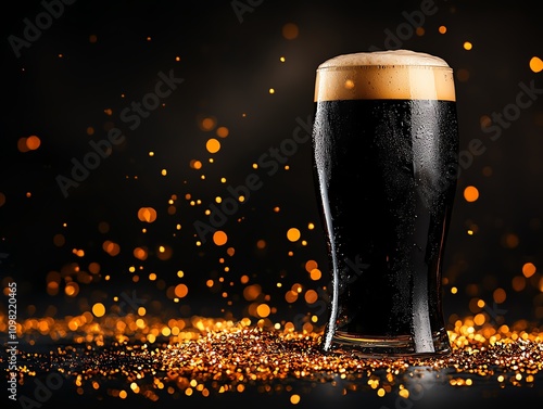 Bold and frothy guinness beer in a clear pint glass celebrating irish craftsmanship dark setting close-up view beverage delight photo