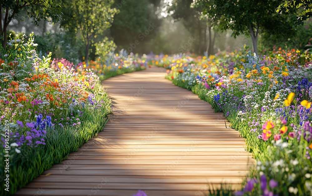 Obraz premium Wooden boardwalk path lined with colorful wildflowers