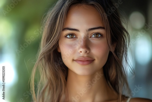 Vibrant Woman Portrait Youthful, Brown Hair, Tanned Skin