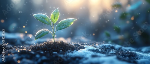 Young green seedling emerging from frostcovered soil photo