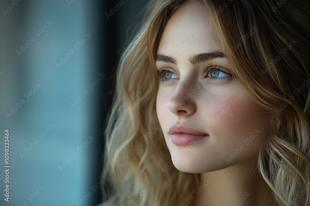 Naklejka premium Young Woman Glowing Skin, Wavy Brown Hair, Relaxed Pose