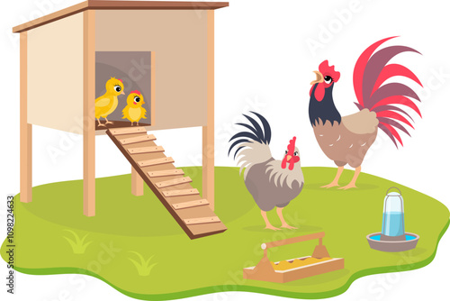 Farm Animals. Cute farm. Chickens in a hen house and a crowing rooster in a farmyard. Collection of farm animals in a barnyard. Baby flat vector illustration.