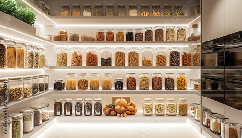 Minimalist pantry with glass jars of grains photo