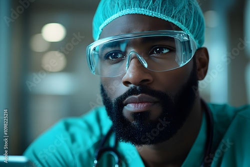 A black male nurse wearing green scrubs and protective glasses