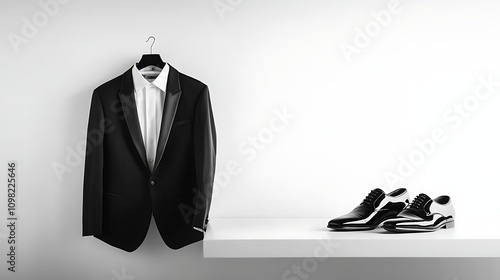 A formal black tuxedo hanging on a hanger, with shiny black leather shoes displayed on a white surface nearby. 