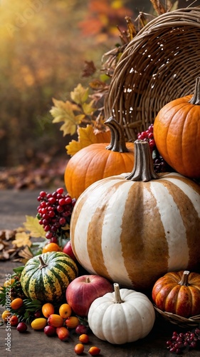 pumpkins and autumn leaves seaonal vertical background image. Harvest background image. Generative AI. photo