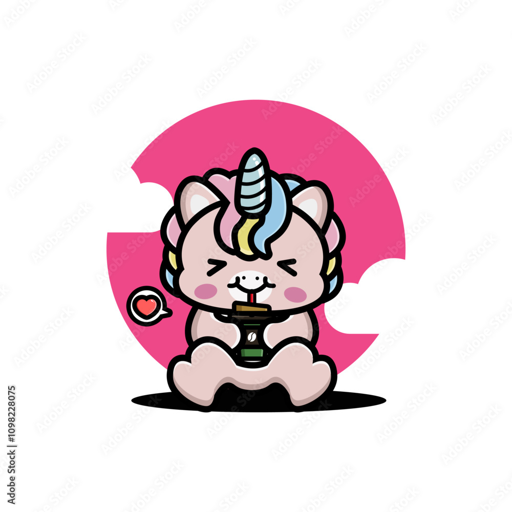 Fototapeta premium Cute unicorn drink coffee cartoon