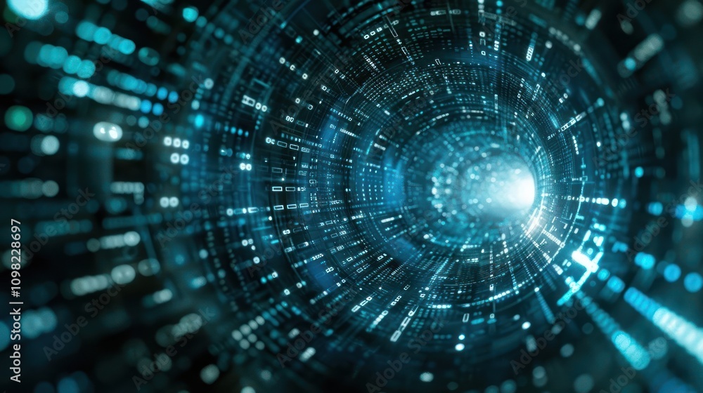 Obraz premium Abstract digital tunnel with glowing particles, representing data flow and technology.