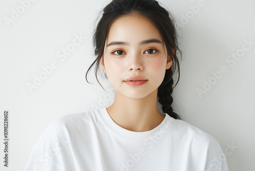 白背景の白いTシャツを着た日本人の若い女性