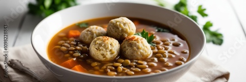 A steaming bowl of Jewish matzo ball soup with lentils and carrots in a flavorful broth, garnished with parsley photo