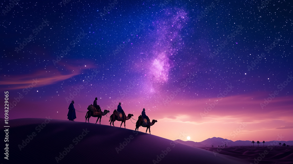 Fototapeta premium Magi Caravan in Desert Under Starry Sky