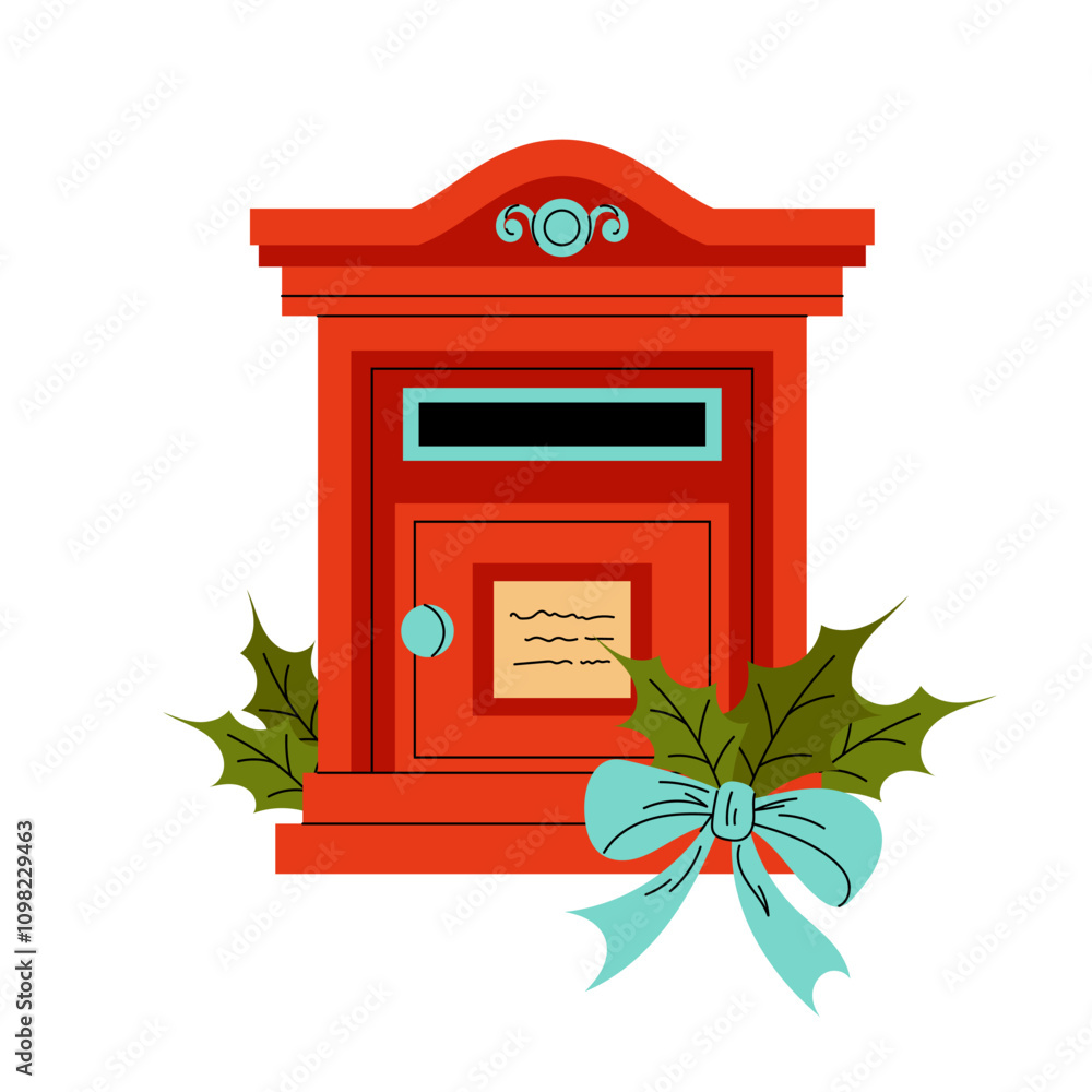 Obraz premium Mailbox. Vintage red coloured metal box for letters and postcards. Blue bow. Winter berry leaves. Flat vector illustration on white background.