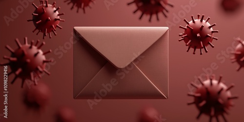 A stylized envelope surrounded by red virus-like shapes, conveying themes of communication, health, and caution.